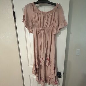 Pink Boho High-Low Dress with Floral Embroidery